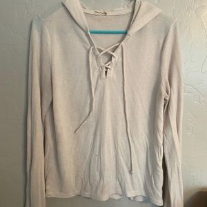 White hooded tie up pullover sweater